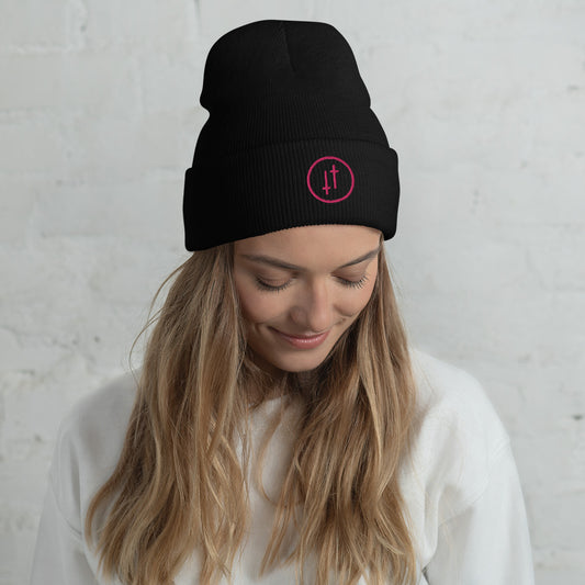 Embroidered Pink Crosses Cuffed Beanie